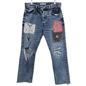 32 Pacsun Patchwork Distressed Jeans Vintage Loose Blue Bandana Thrashed Denim